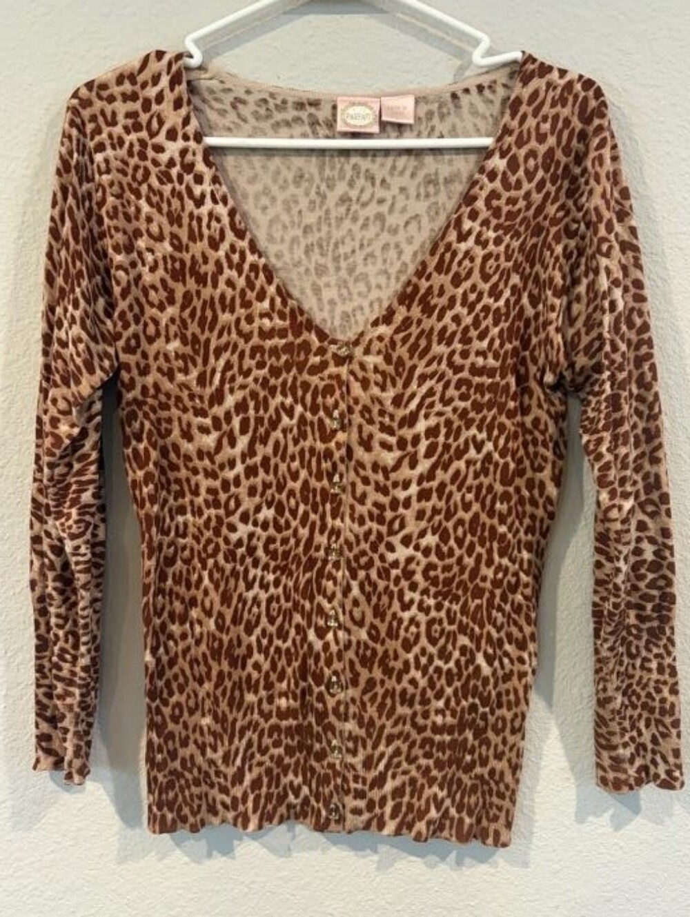 Parfait Womens Cheetah Print Silk Cotton Button Up Cardigan Sweater Size Large
